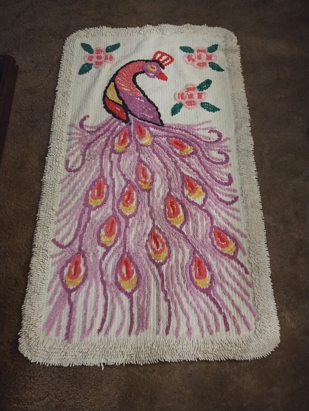 Vintage Chenille Pink Peacock Tufted Bath Rug - Decorative Accent